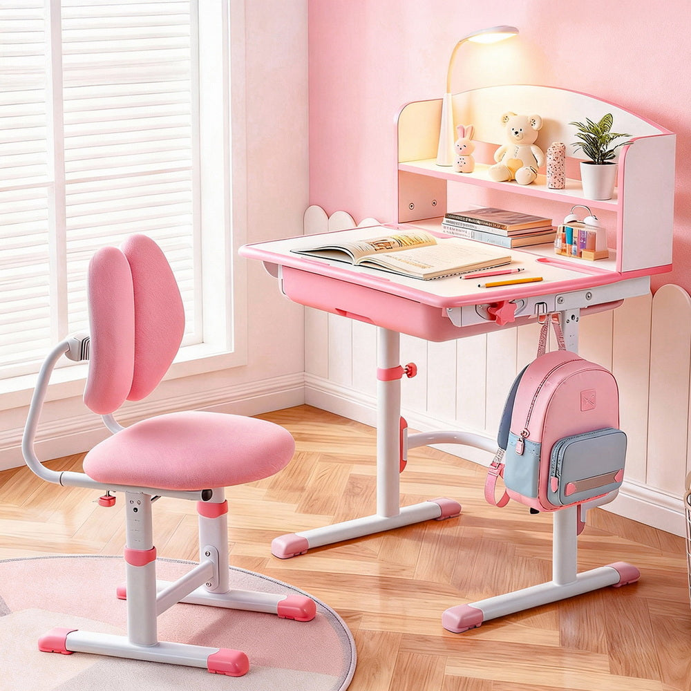 Pink Keezi Kids Study Desk and Chair Set with Adjustable Ergonomic Table and LED Lamp