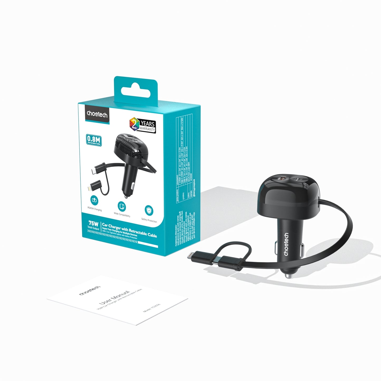 Smart 75W Fast Car Charger | CHOETECH TC0036 Retractable USB-C + Lightning