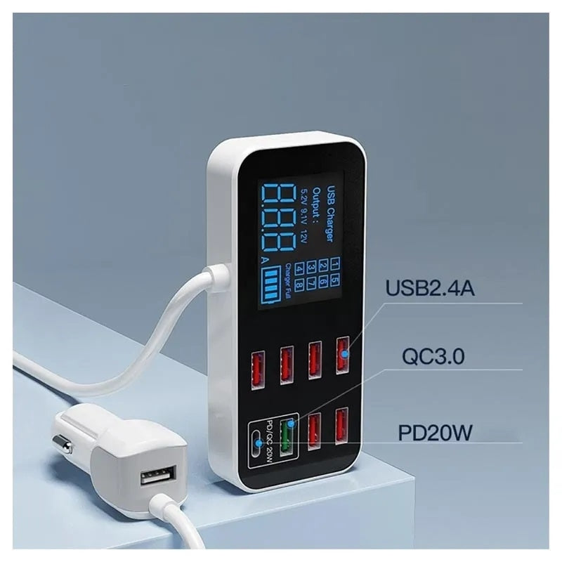 Smart 8-Port Fast Car Charger with LED Display | A9S+ PD20W + QC3.0