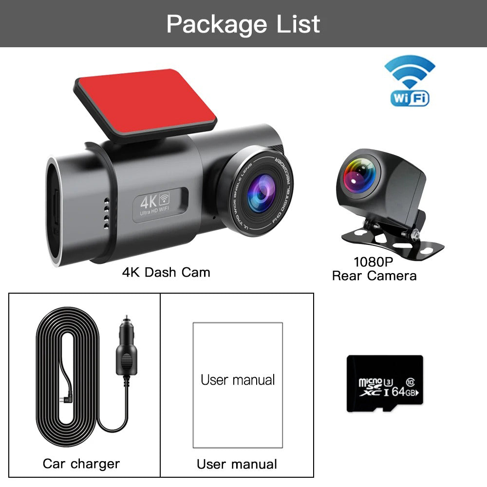 4K UHD 2160P WiFi Front Dash Cam with Night Vision & 64GB SD Card