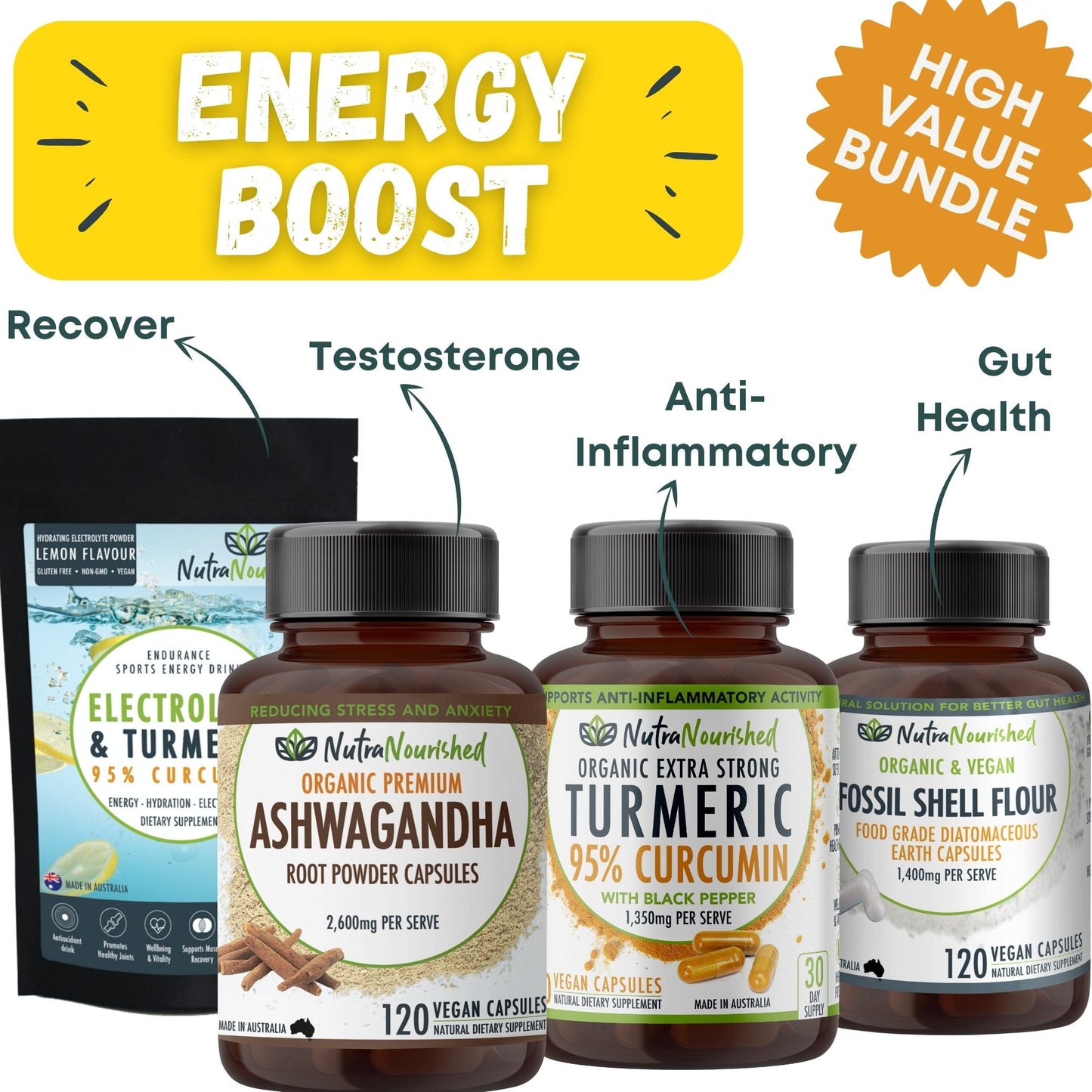 Energy & Health Boost Package | Ashwagandha, Curcumin, Electrolytes & Fossil Shell Flour