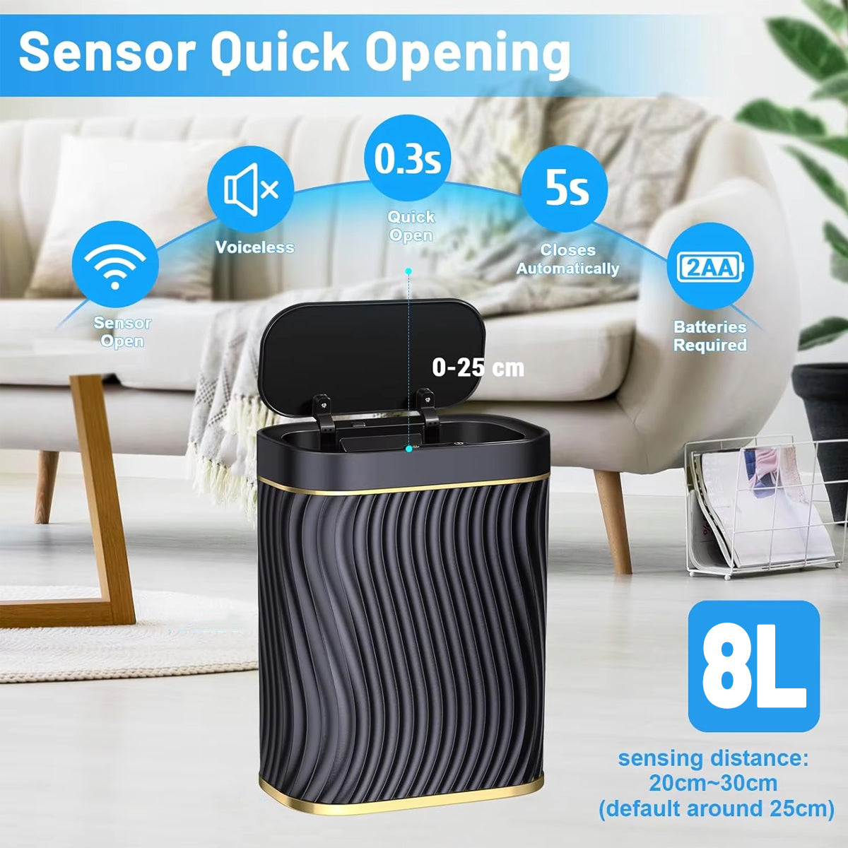 Smart Sensor Trash Can | 8L Narrow Touchless Bathroom Bin (Black/Gold)