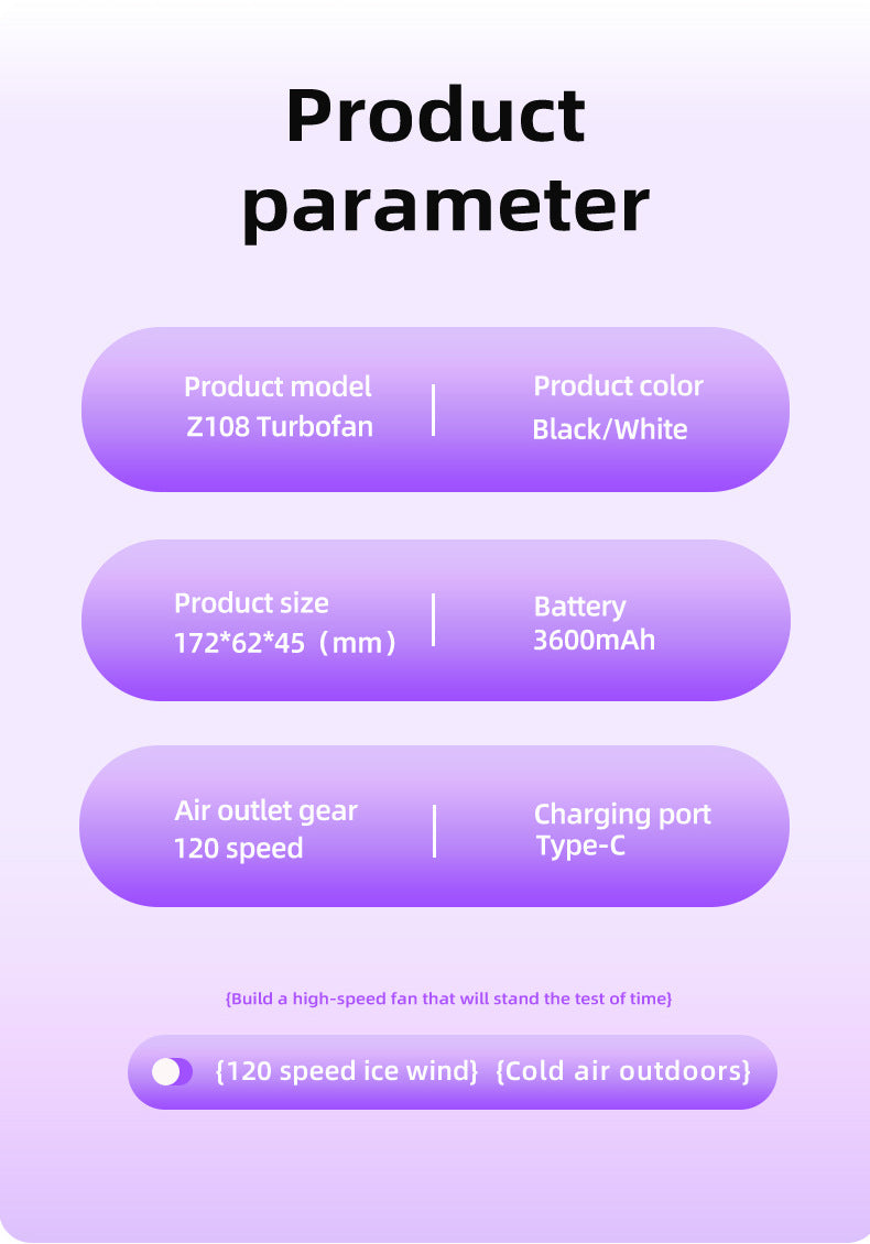 Purple Portable Handheld Fan with 120-Speed Display – USB Rechargeable Mini Cooling Fan