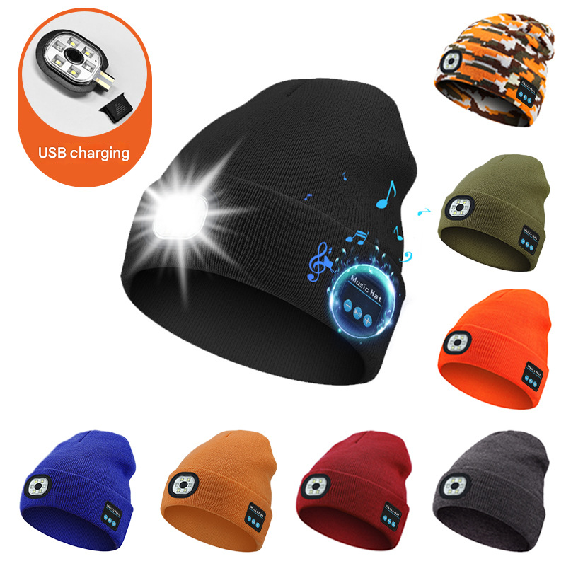 Wireless Bluetooth Beanie Hat (Pink) | USB LED Headlight & Knit Cap
