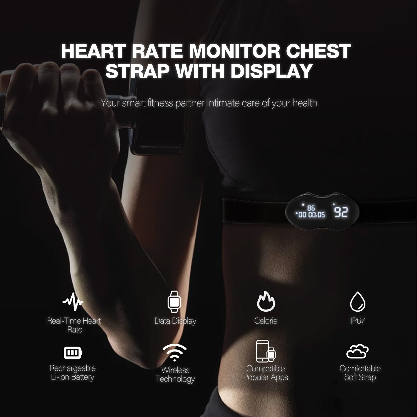 Smart Fitness Heart Rate Monitor Chest Strap | BLE & ANT+ Display Tracking (Black)