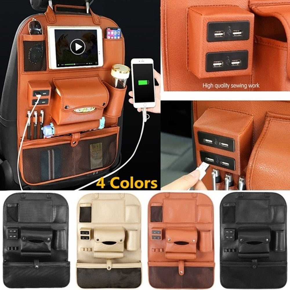 Smart Car Backrest Storage Bag | Multifunctional Leather Seat Organiser with USB Port