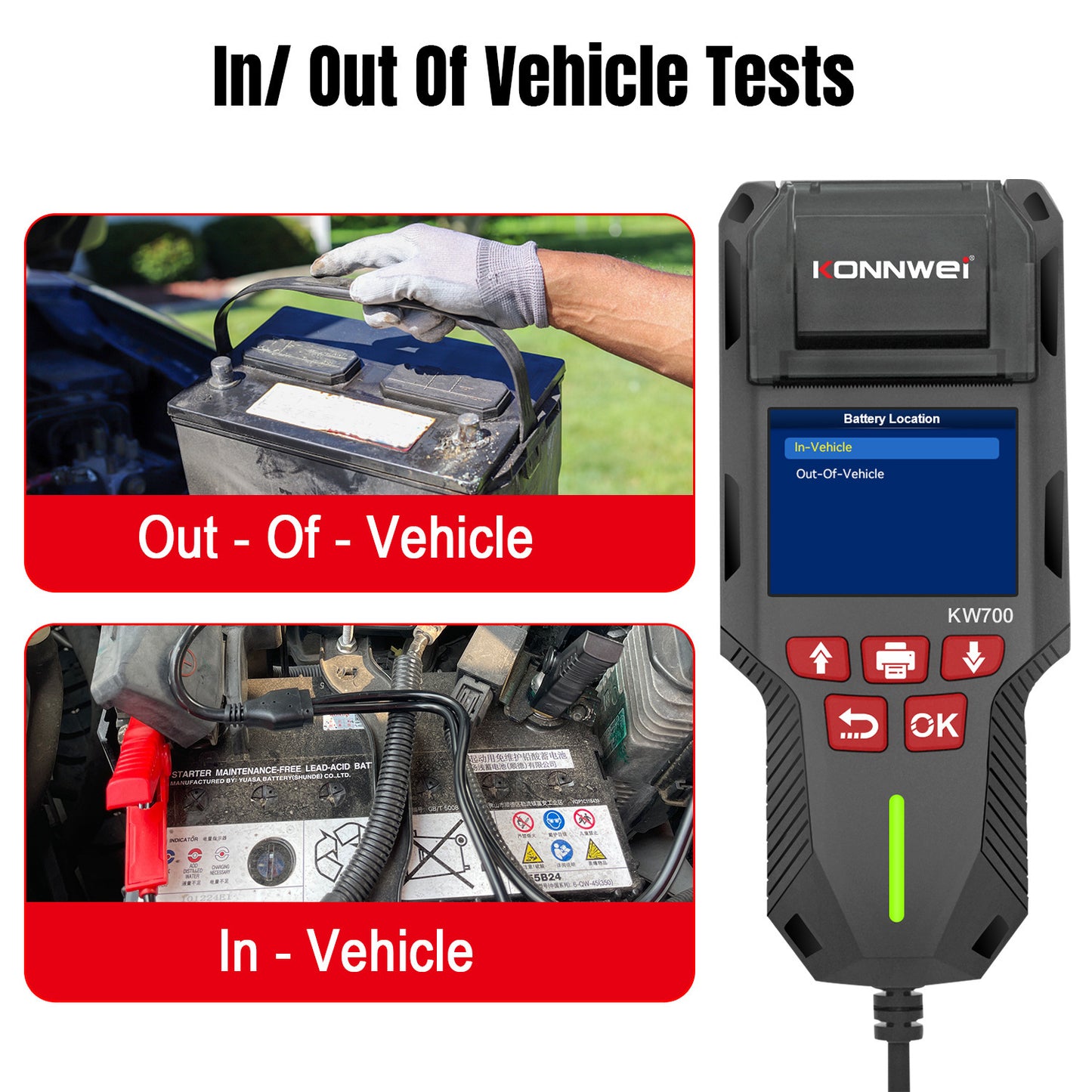 Smart 12V/24V Car & Truck Battery Tester with Built-In Printer | KONNWEI KW700