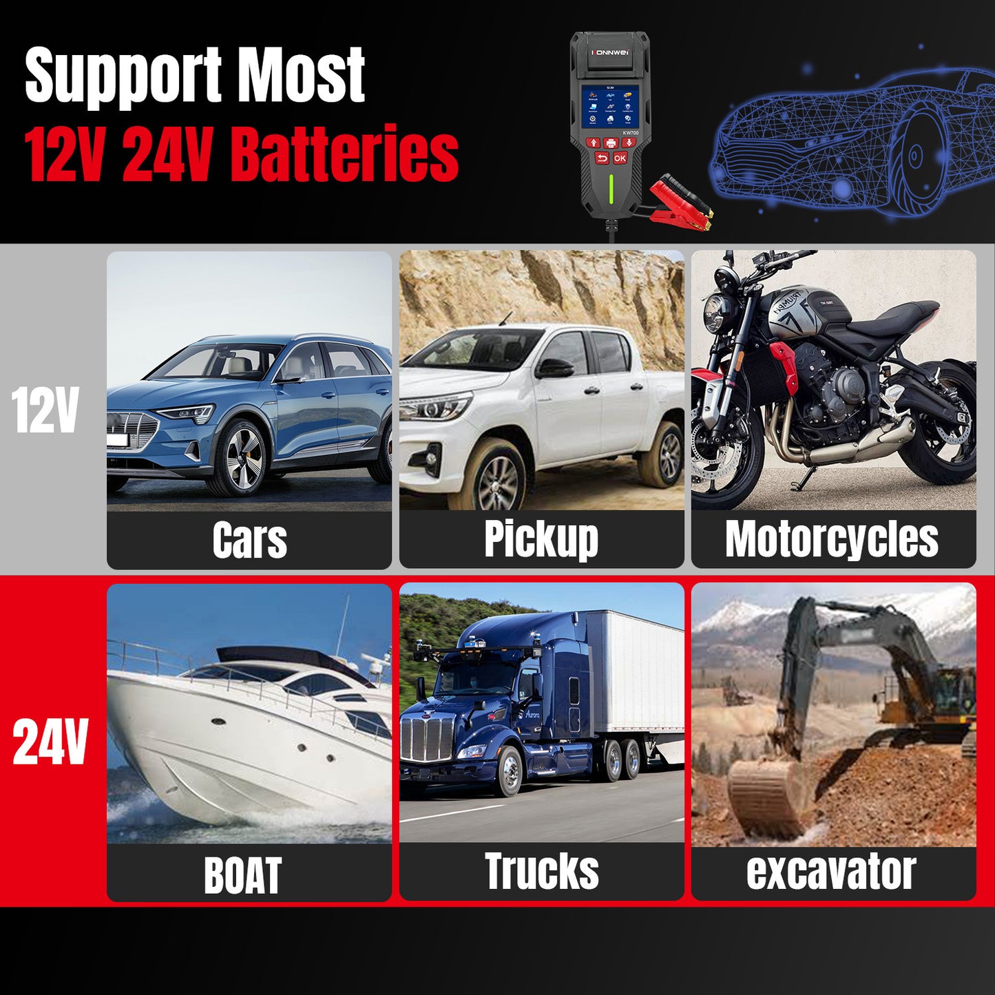 Smart 12V/24V Car & Truck Battery Tester with Built-In Printer | KONNWEI KW700