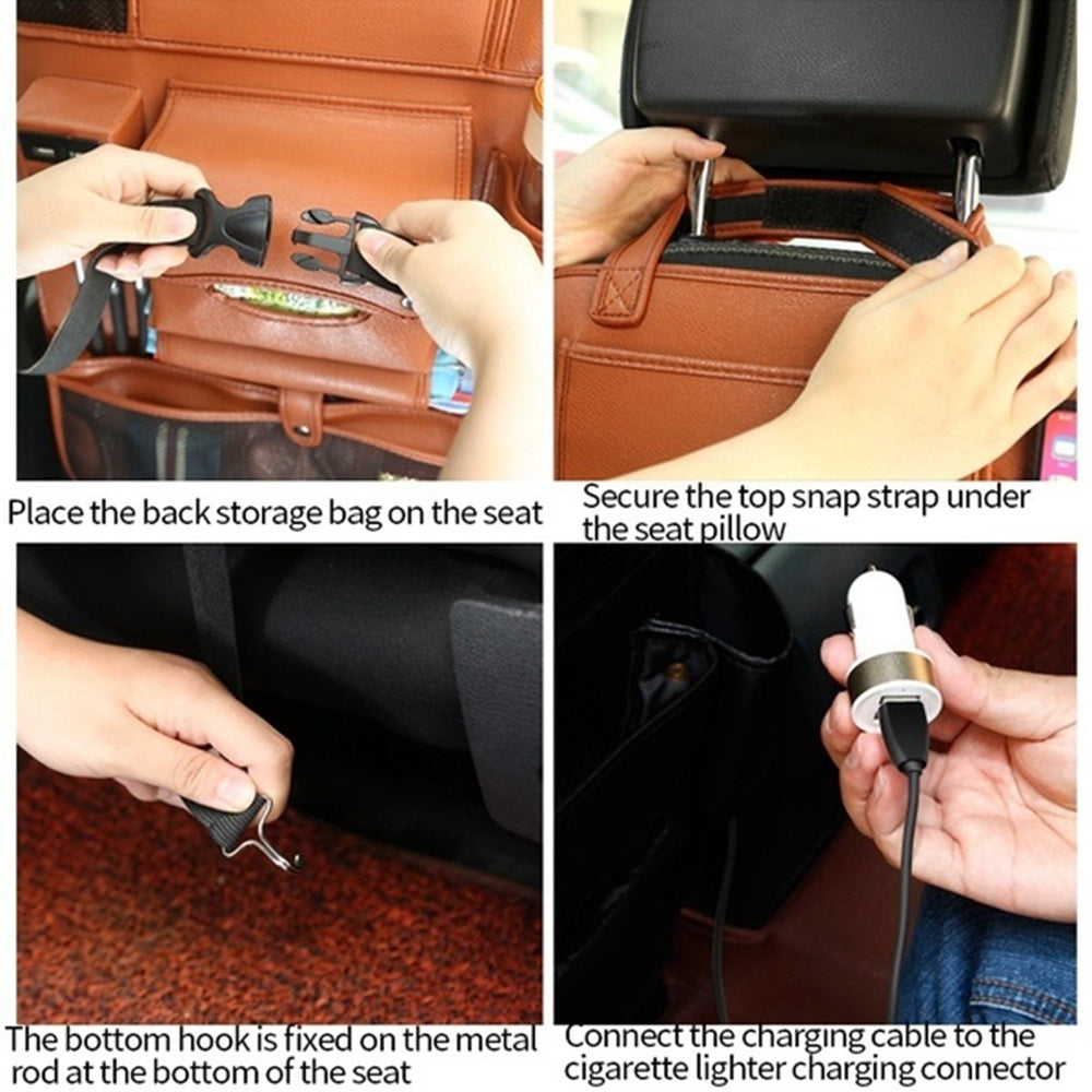 Smart Car Backrest Storage Bag | Multifunctional Leather Seat Organiser with USB Port