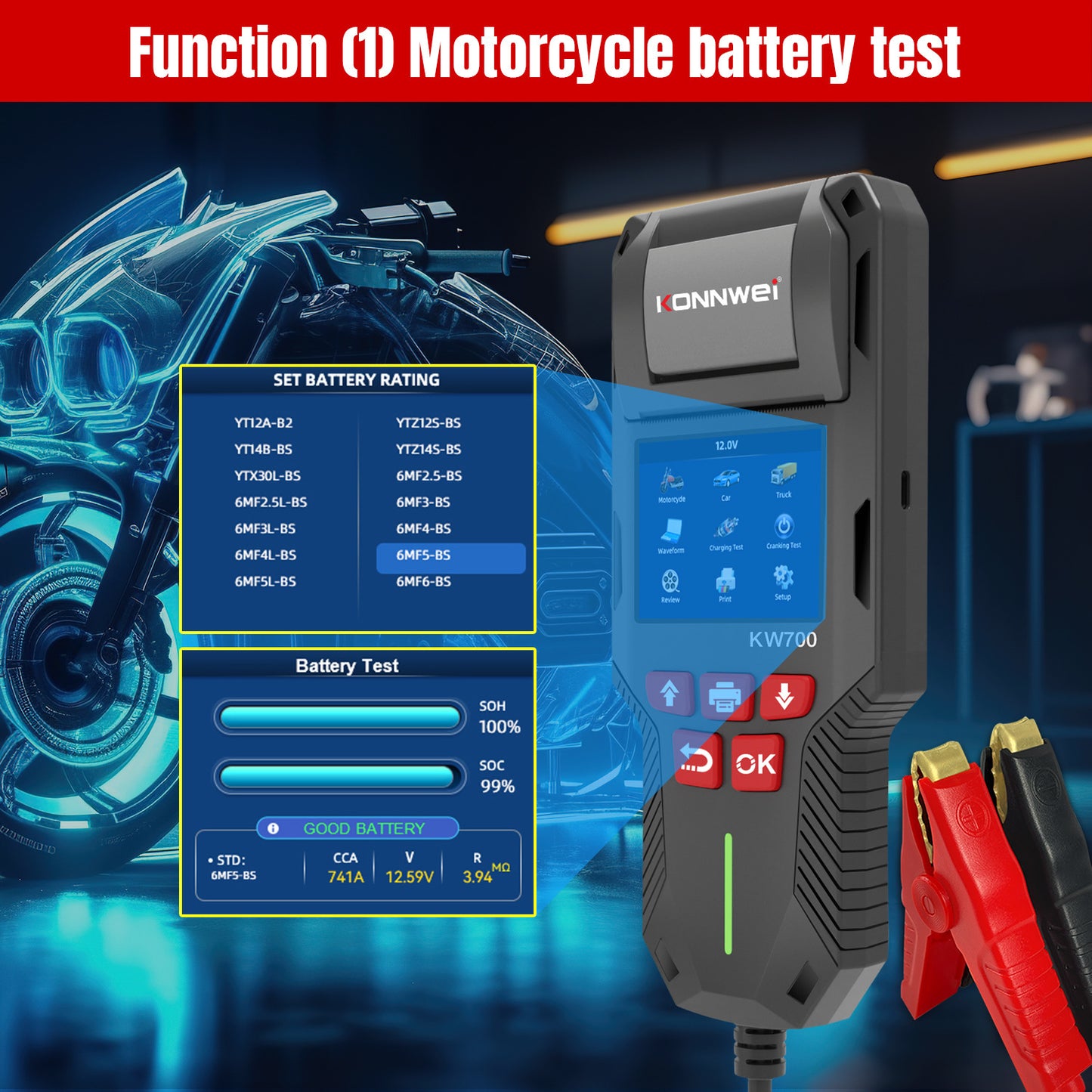 Smart 12V/24V Car & Truck Battery Tester with Built-In Printer | KONNWEI KW700