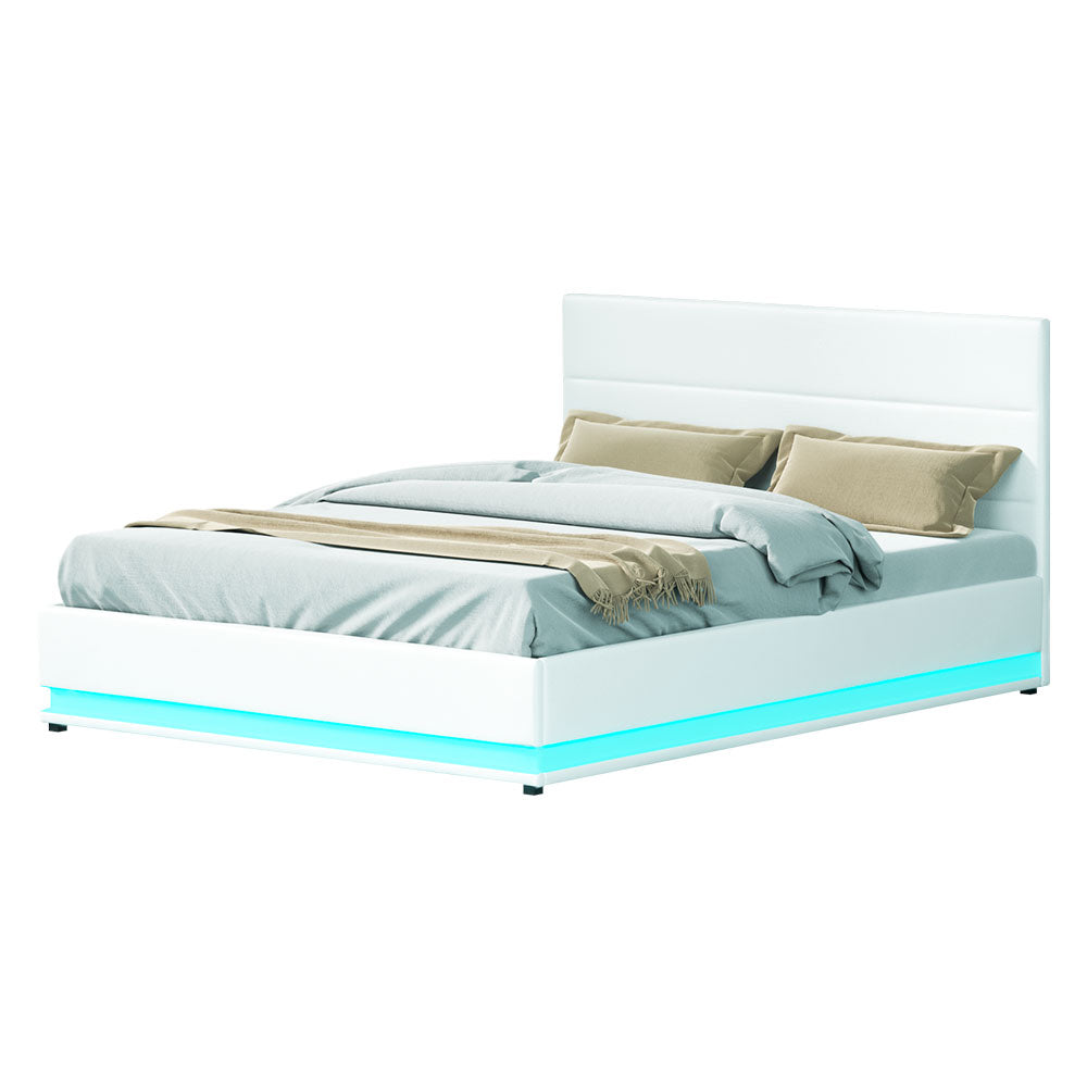Artiss Smart LED Gas Lift Bed Frame Queen Size – White LUMI