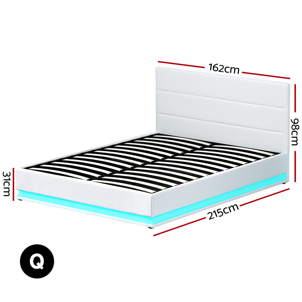 Artiss Smart LED Gas Lift Bed Frame Queen Size – White LUMI