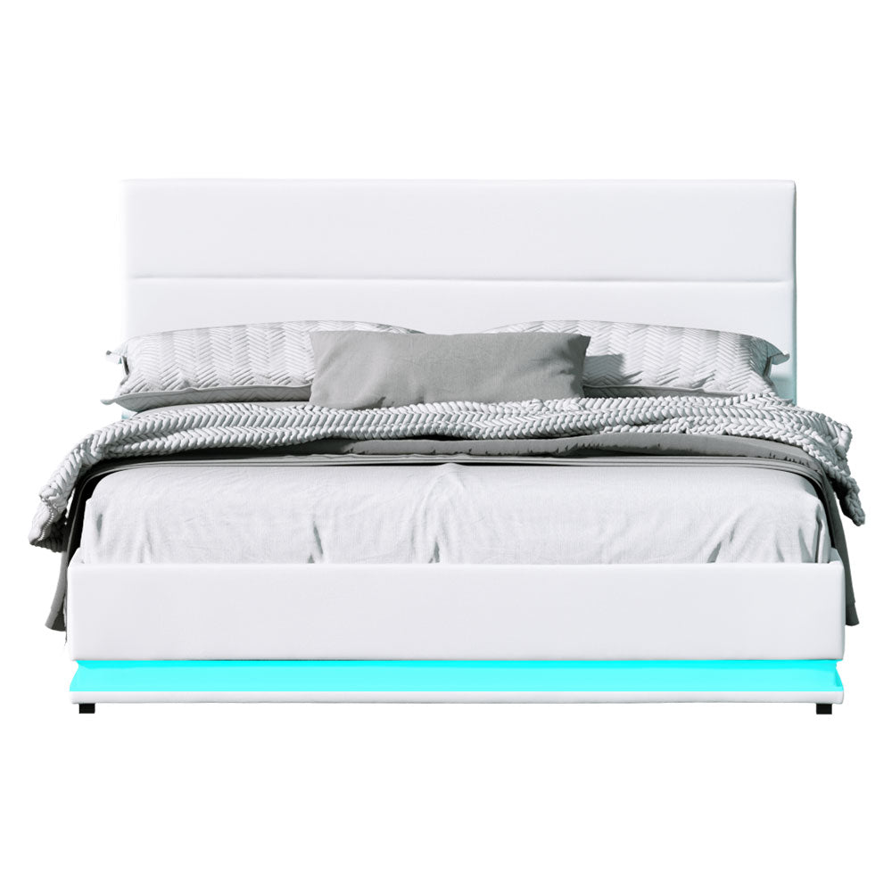 Artiss Smart LED Gas Lift Bed Frame Queen Size – White LUMI