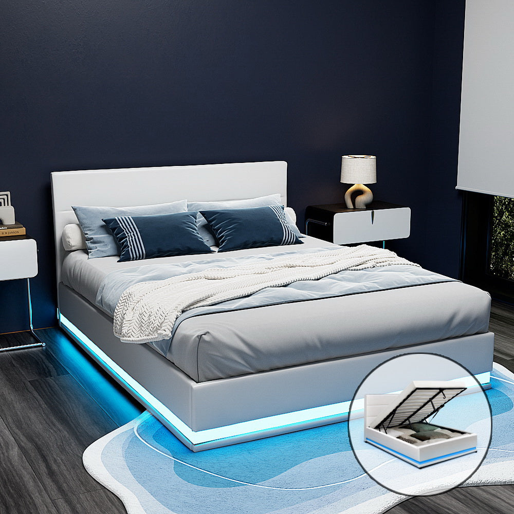 Artiss Smart LED Gas Lift Bed Frame Queen Size – White LUMI