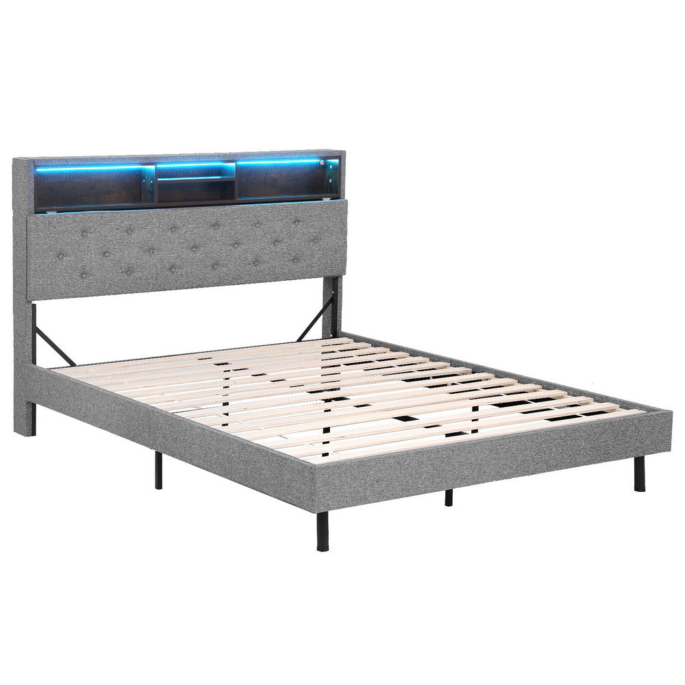 Artiss Smart LED Bed Frame Double Size with Storage Shelf – Grey