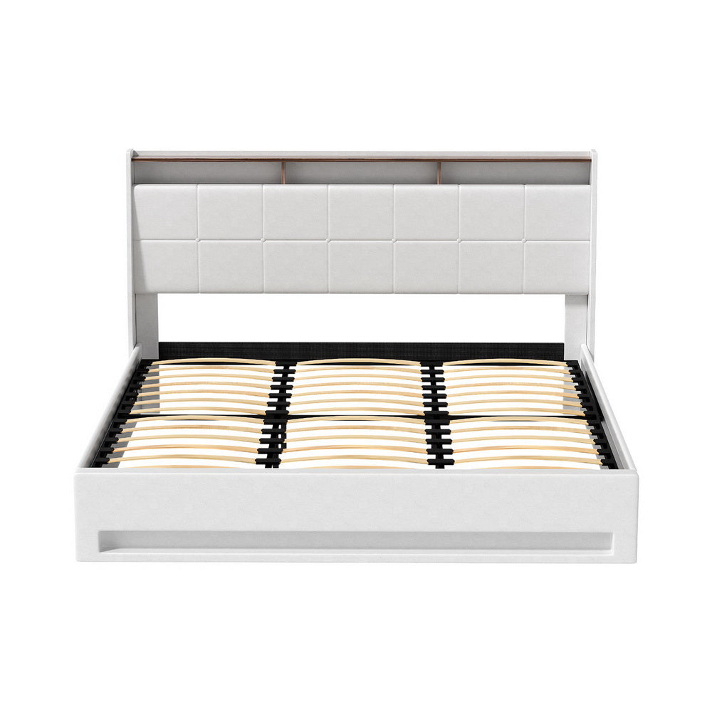 Artiss Smart LED Gas Lift Bed Frame King Size – White PVC Leather Storage Headboard
