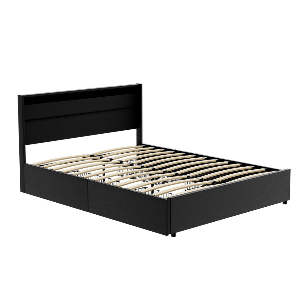 Artiss Smart LED Bed Frame Queen Size with 4 Storage Drawers – Black DUNN