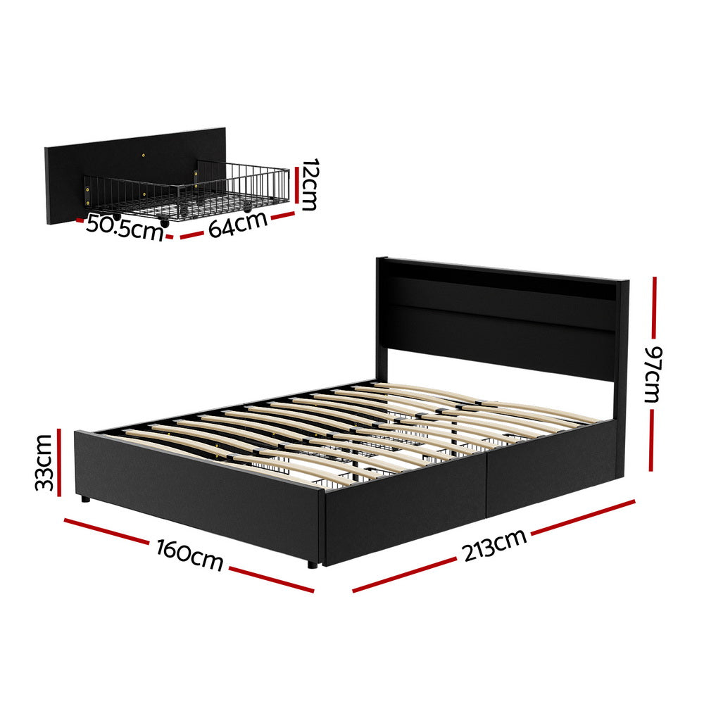 Artiss Smart LED Bed Frame Queen Size with 4 Storage Drawers – Black DUNN