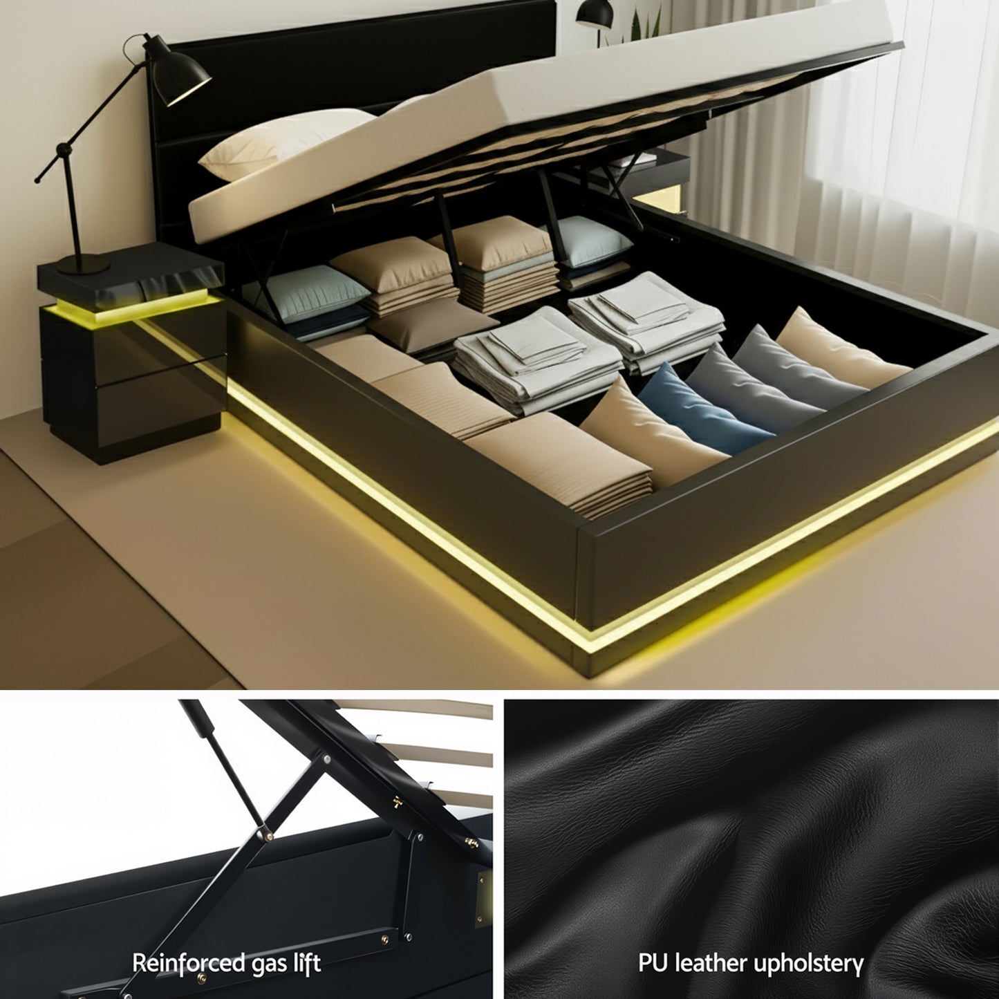 Artiss RGB LED Queen Bed Frame with 2 Bedside Tables – 16-Colour Mood Lighting