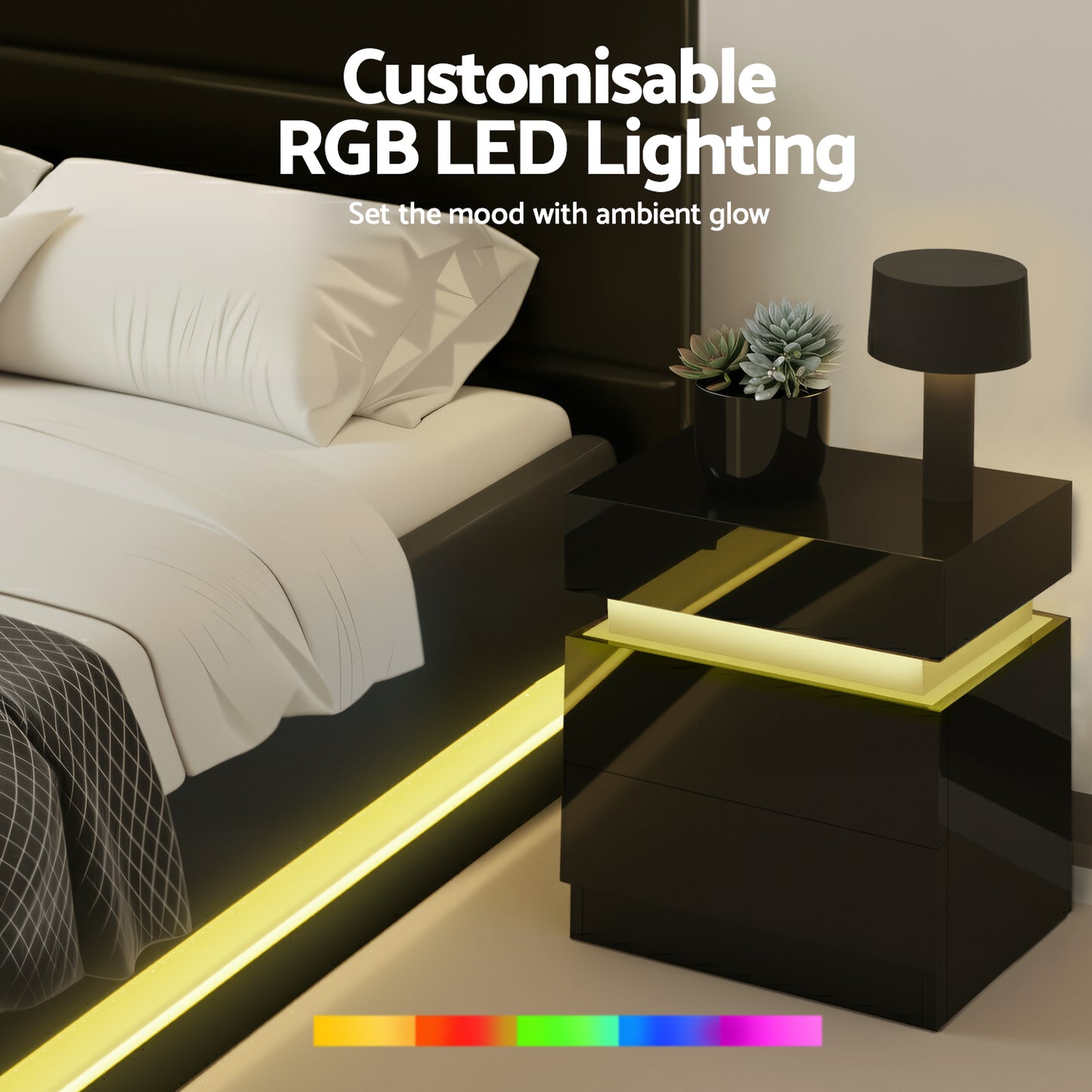 Artiss RGB LED Queen Bed Frame with 2 Bedside Tables – 16-Colour Mood Lighting