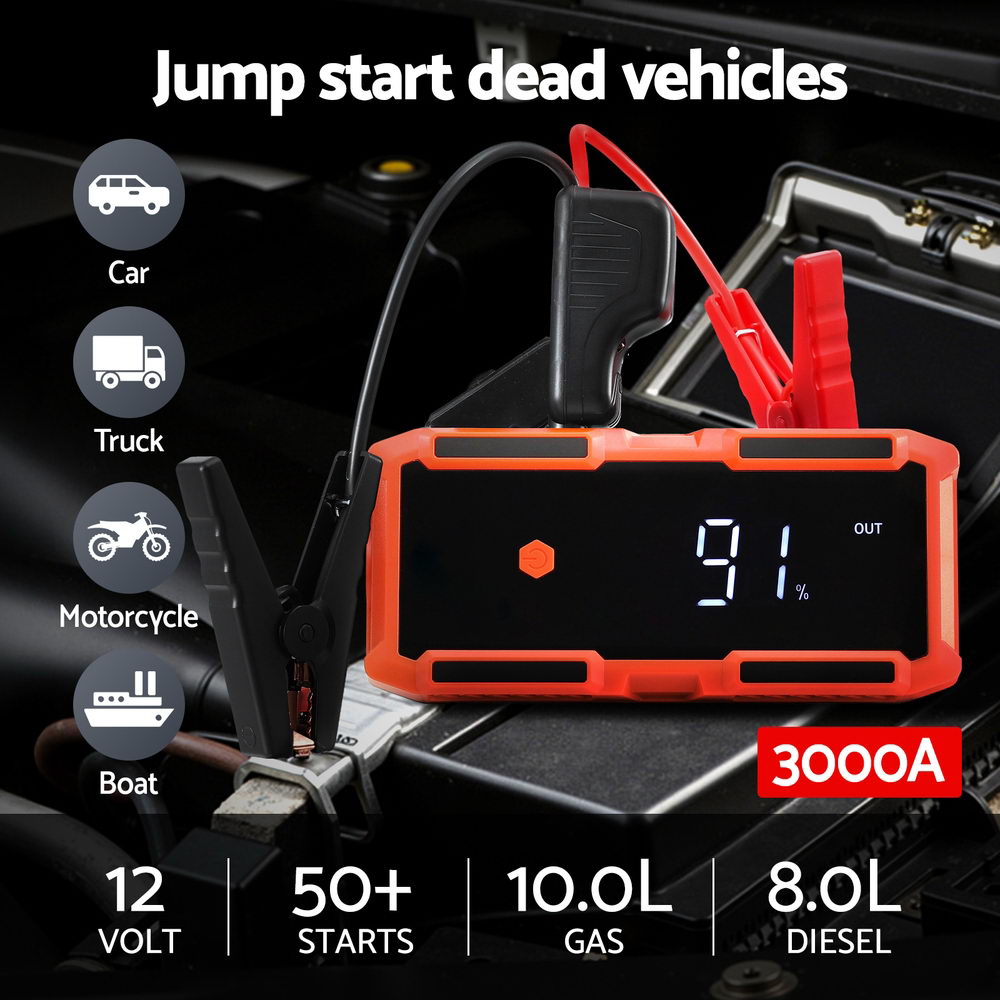 Smart 3000A Portable Car Jump Starter | Giantz 12V Lithium Booster Pack & Power Bank