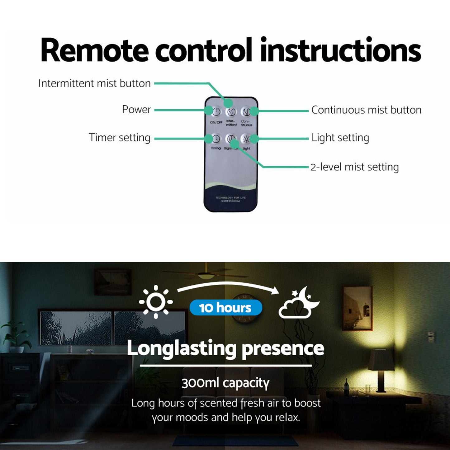 Smart Aroma Diffuser & Humidifier 300ml | Devanti (Wood Grain)