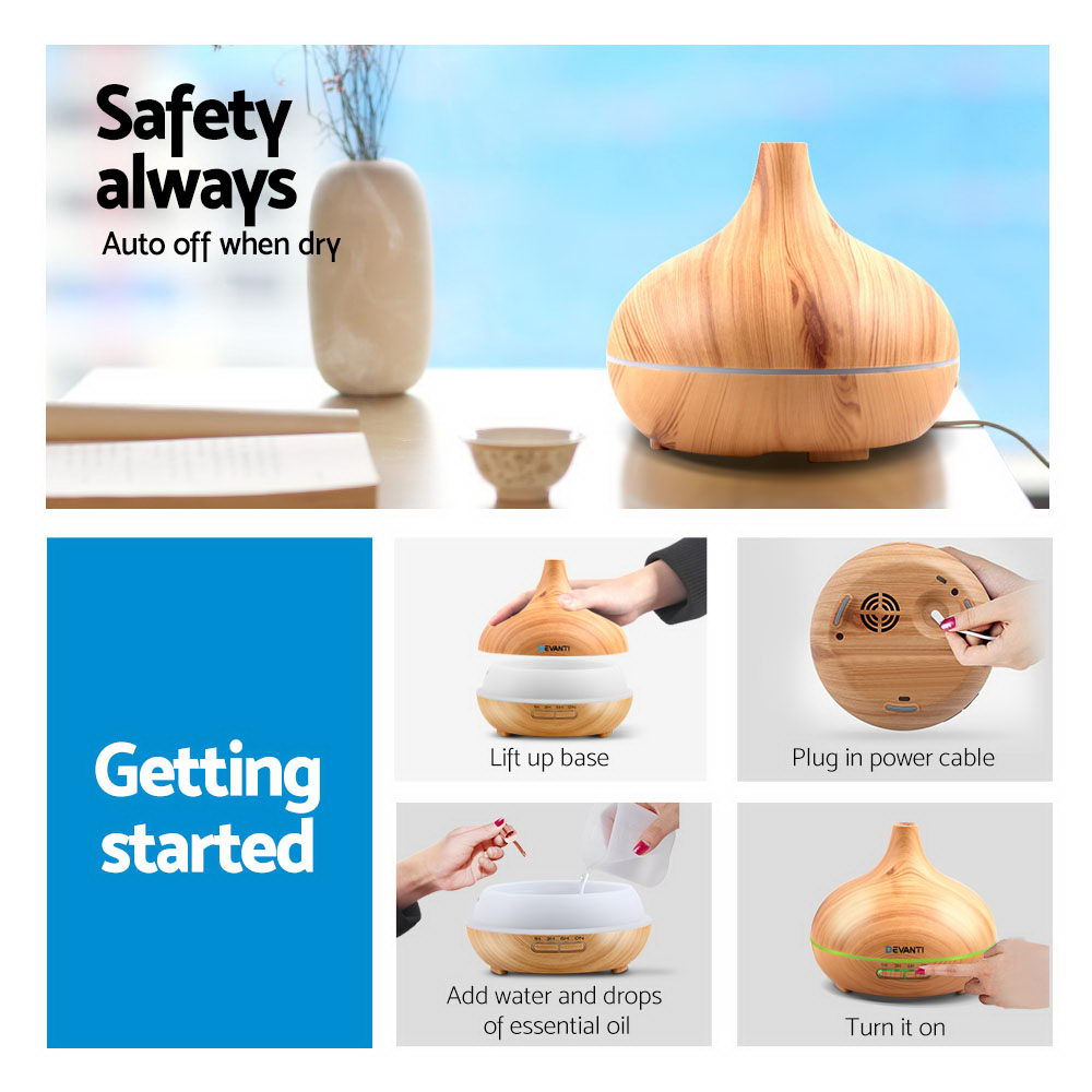Smart Aroma Diffuser & Humidifier 300ml | Devanti (Wood Grain)