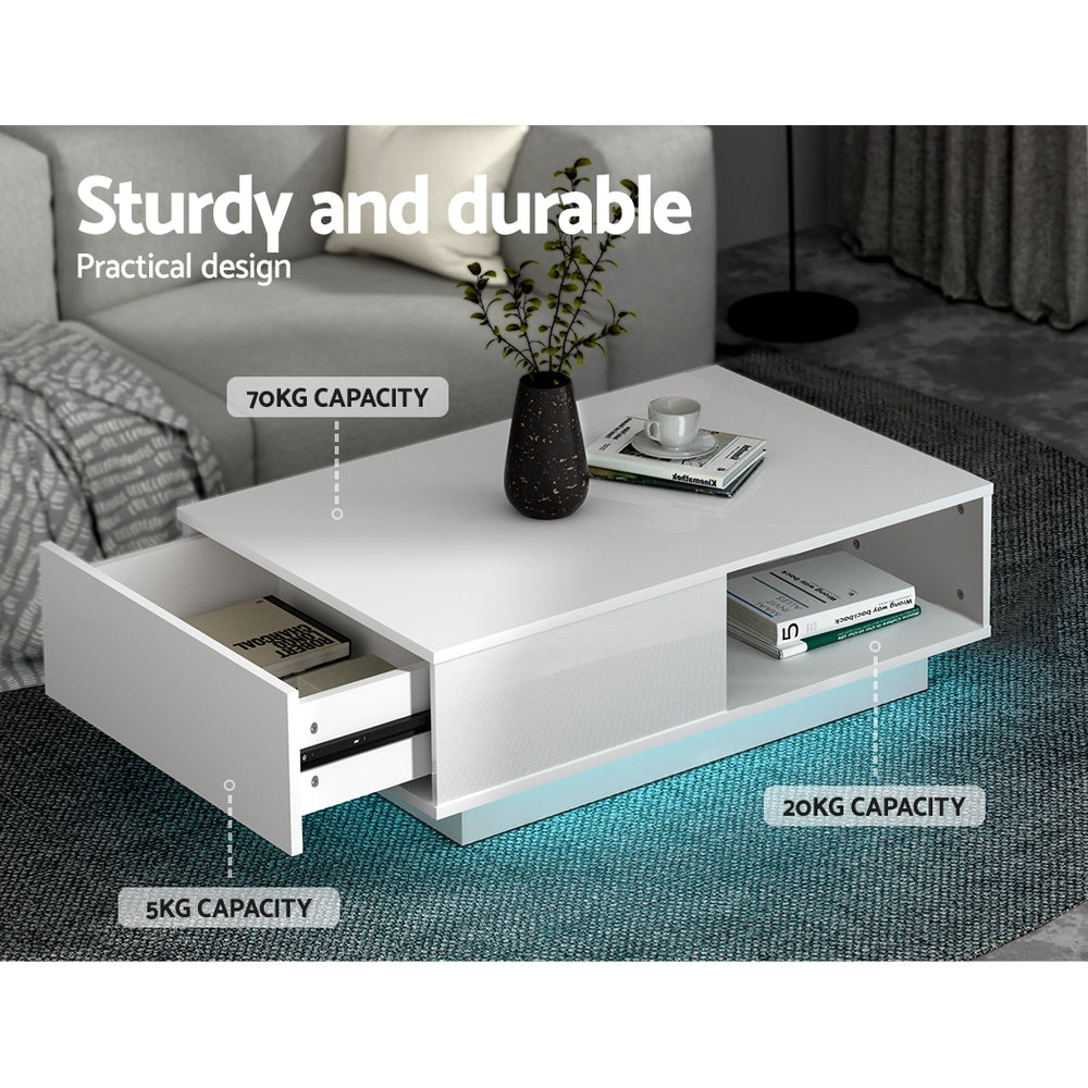 Smart LED Coffee Table | Artiss High Gloss Living Room Table (White)