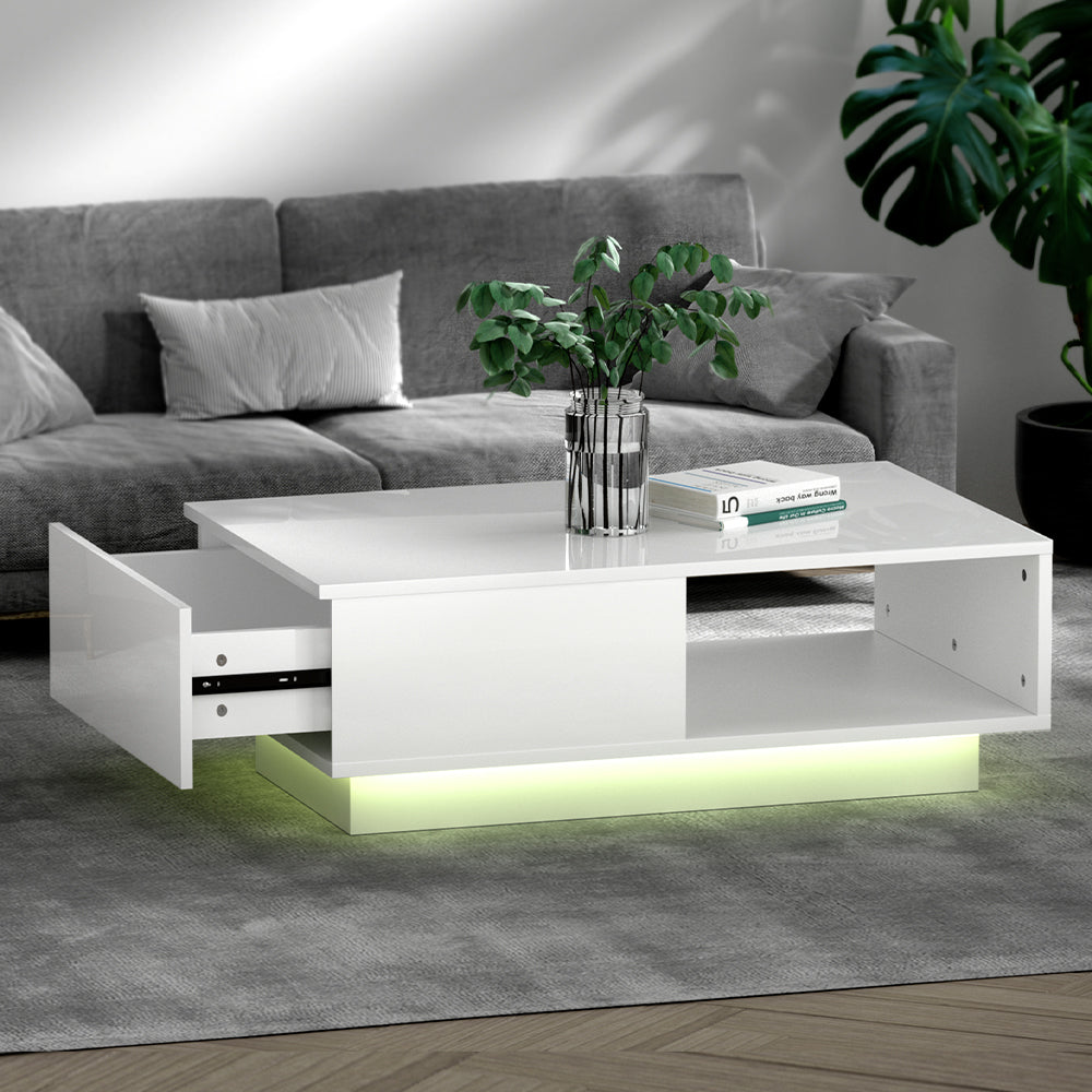Smart LED Coffee Table | Artiss High Gloss Living Room Table (White)