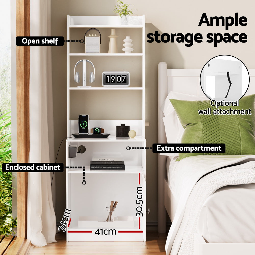 Smart Bedside Table | Artiss Charging Station Nightstand with AC & USB Ports (White)