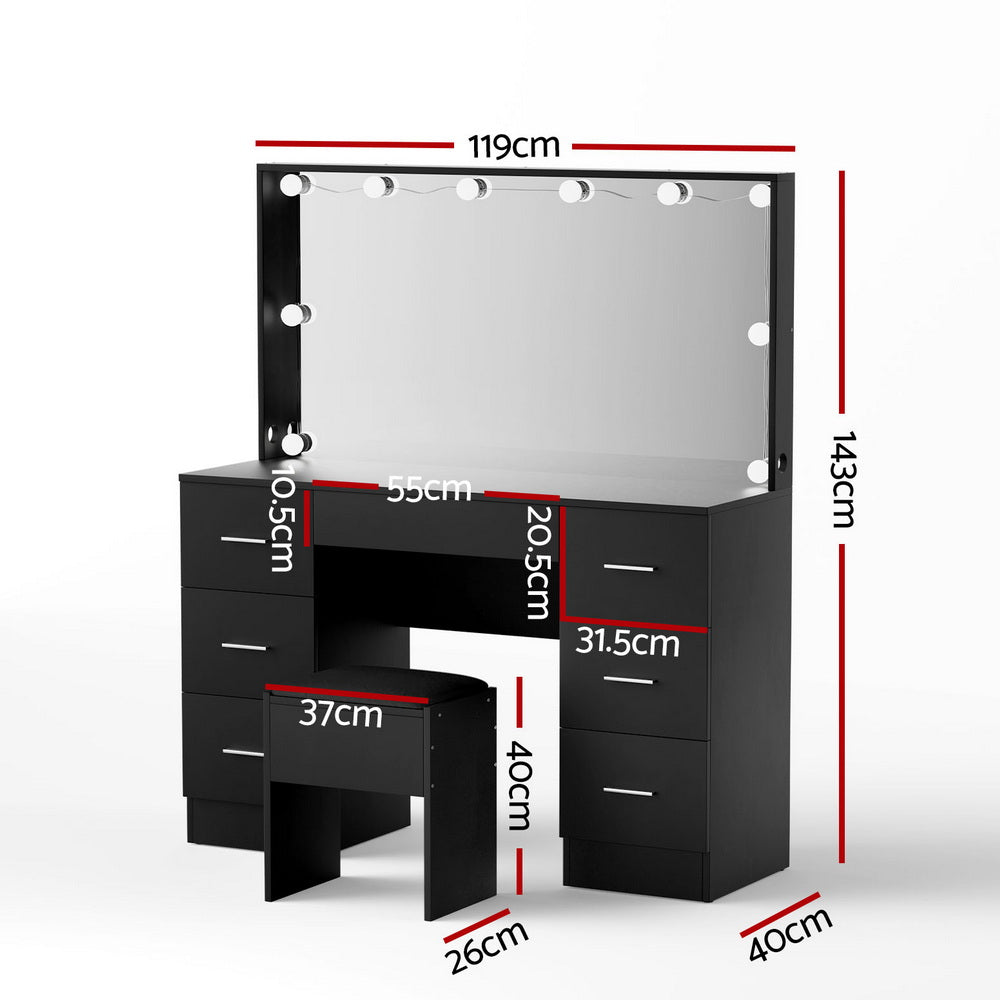 Smart LED Vanity Dressing Table Set | Artiss 10-Bulb Makeup Desk with Stool (Black)