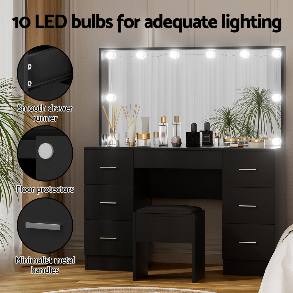 Smart LED Vanity Dressing Table Set | Artiss 10-Bulb Makeup Desk with Stool (Black)
