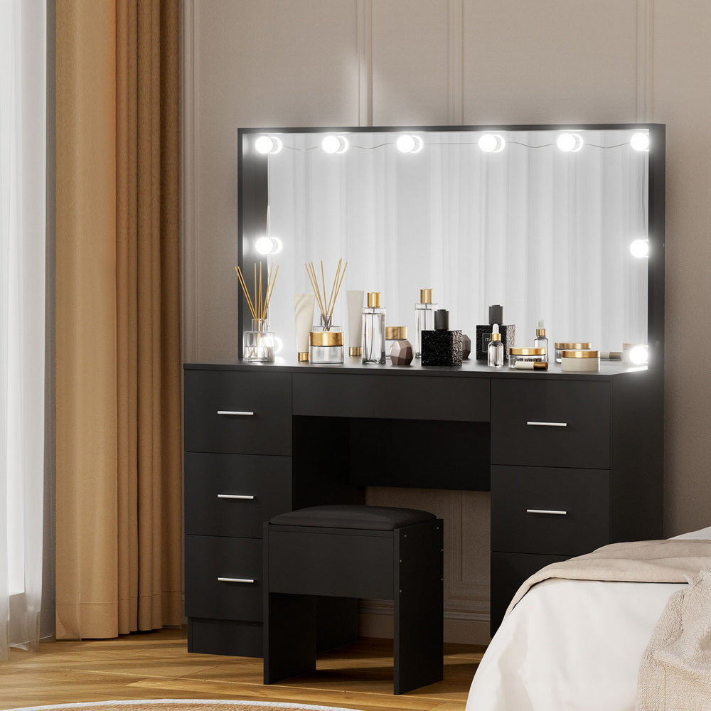 Smart LED Vanity Dressing Table Set | Artiss 10-Bulb Makeup Desk with Stool (Black)