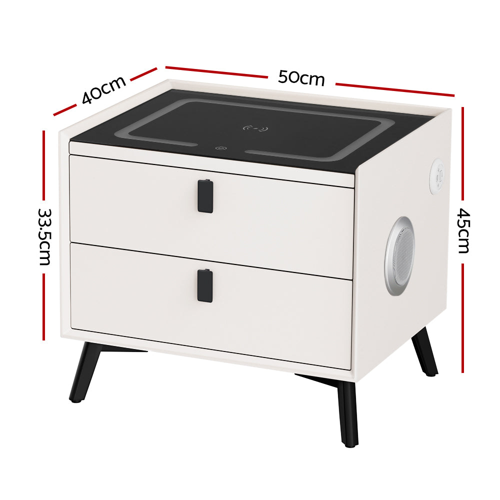 Smart Bedside Table | Artiss AIKA 2-Drawer LED with Wireless Charging (White)