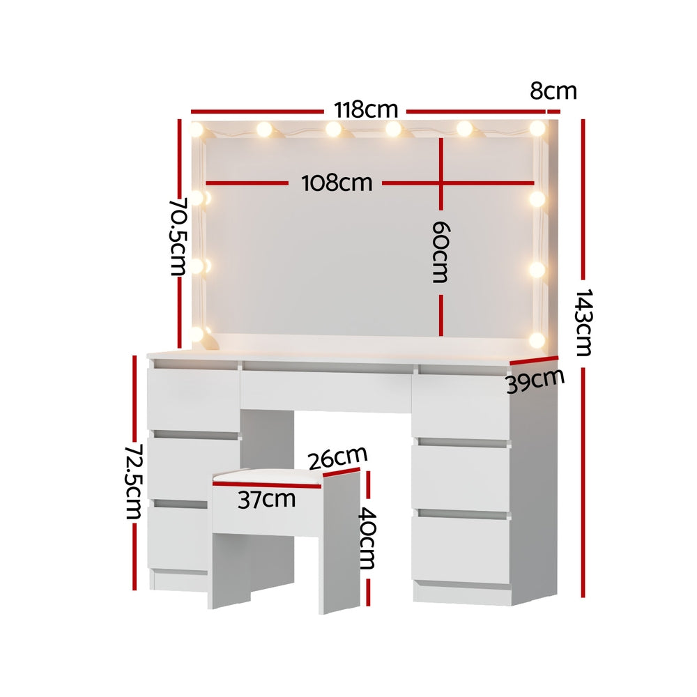 Smart LED Vanity Dressing Table Set | Artiss 12-Bulb Makeup Desk with Stool (White)