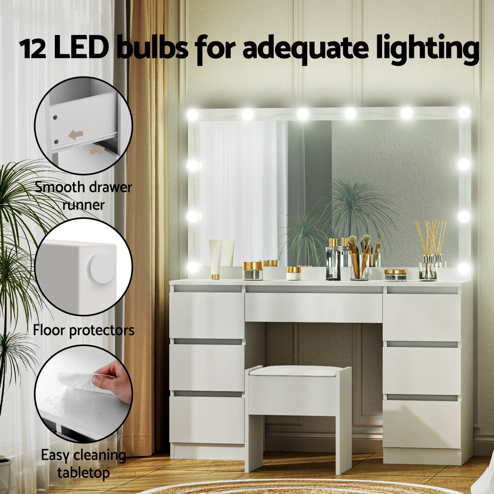 Smart LED Vanity Dressing Table Set | Artiss 12-Bulb Makeup Desk with Stool (White)