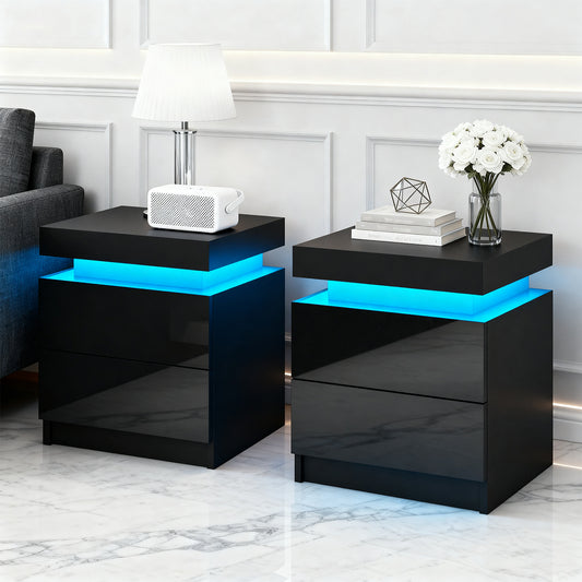 Smart LED Bedside Tables (2-Pack) | 2-Drawer Lift-Up Storage (Black)