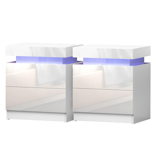 Smart LED Bedside Tables (2-Pack) | 2-Drawer Lift-Up Storage (White)