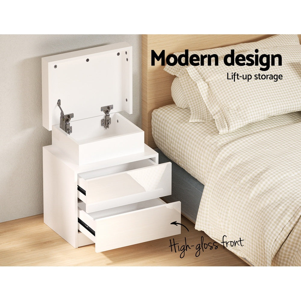 Smart LED Bedside Tables (2-Pack) | 2-Drawer Lift-Up Storage (White)