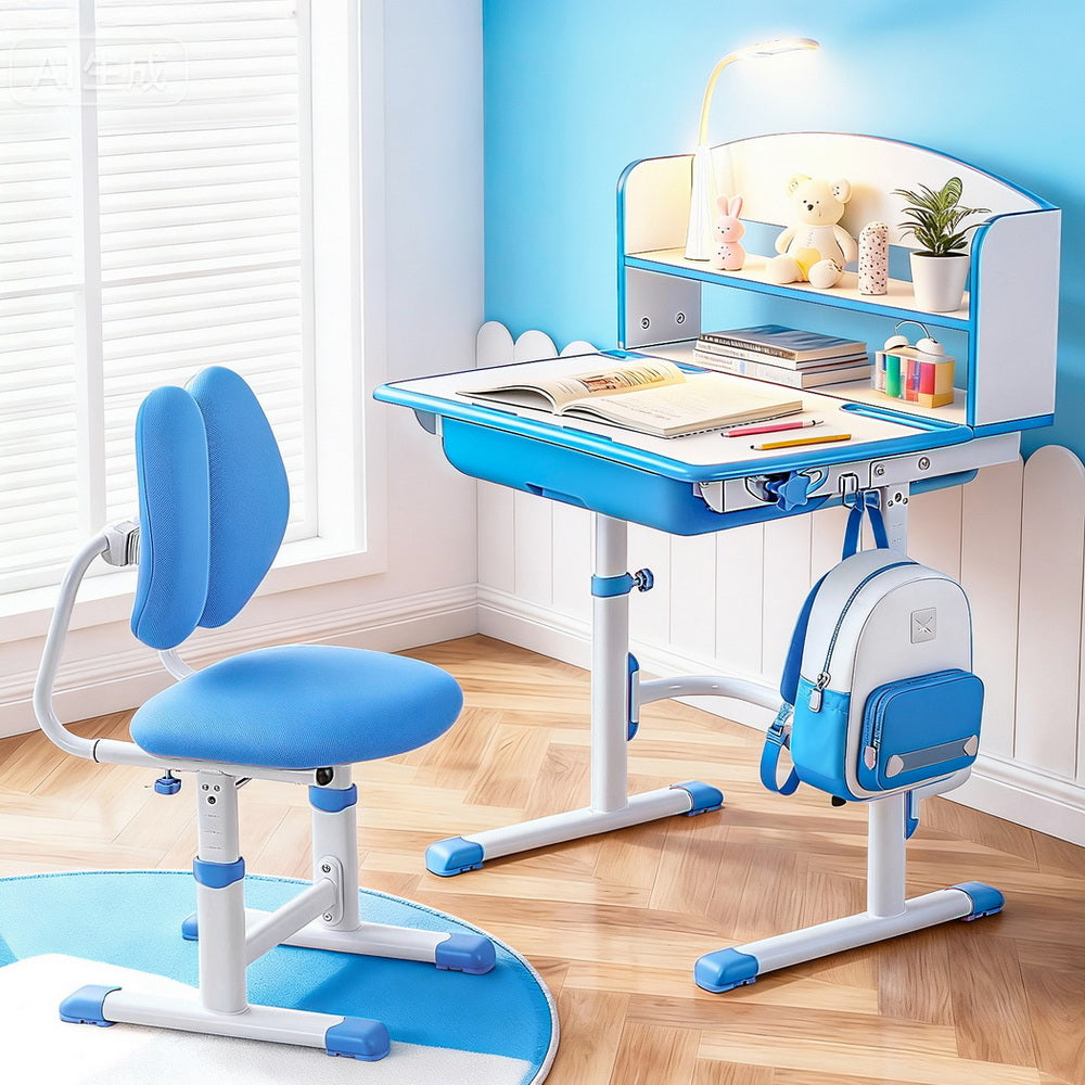 Blue Keezi Kids Study Desk and Chair Set with Adjustable Ergonomic Table and LED Lamp