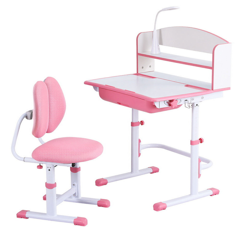 Pink Keezi Kids Study Desk and Chair Set with Adjustable Ergonomic Table and LED Lamp