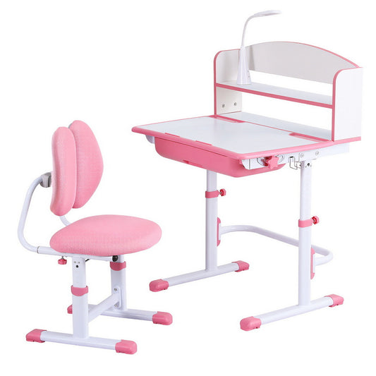 Pink Keezi Kids Study Desk and Chair Set with Adjustable Ergonomic Table and LED Lamp