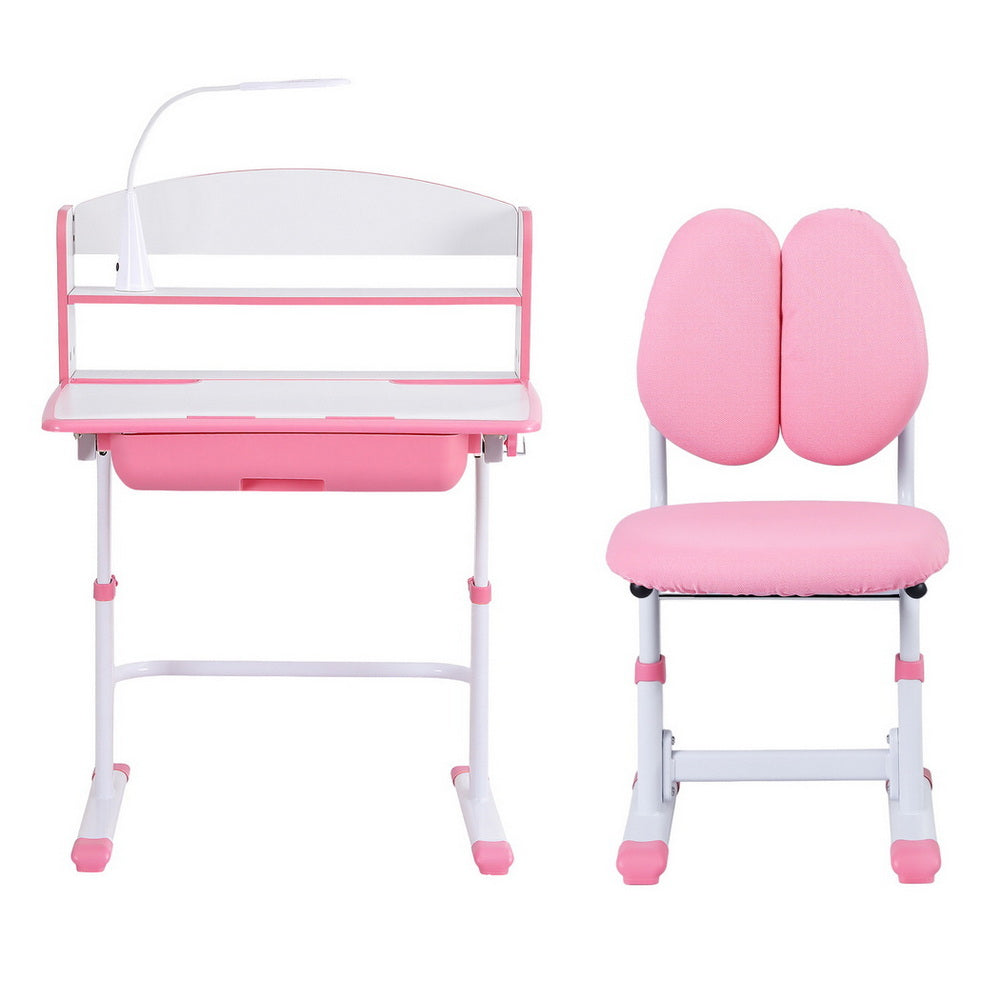 Pink Keezi Kids Study Desk and Chair Set with Adjustable Ergonomic Table and LED Lamp