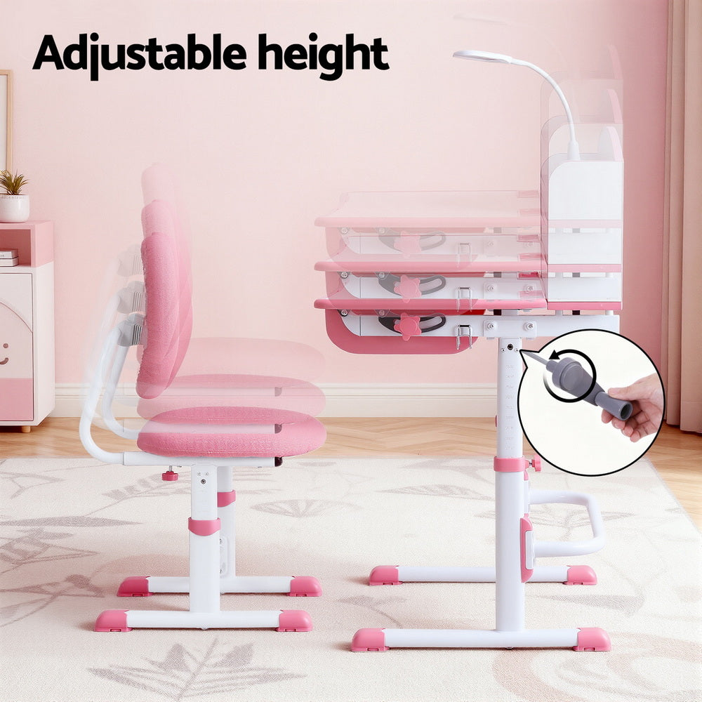 Pink Keezi Kids Study Desk and Chair Set with Adjustable Ergonomic Table and LED Lamp