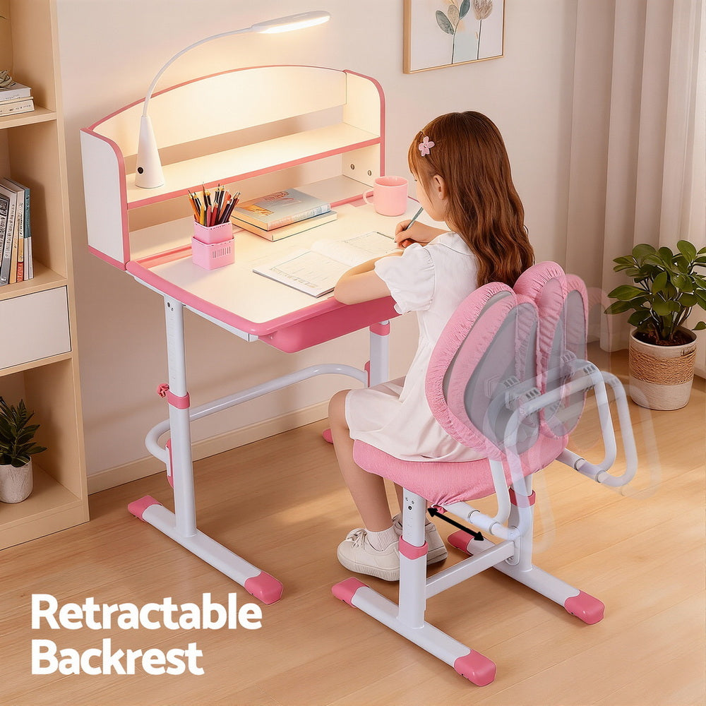Pink Keezi Kids Study Desk and Chair Set with Adjustable Ergonomic Table and LED Lamp