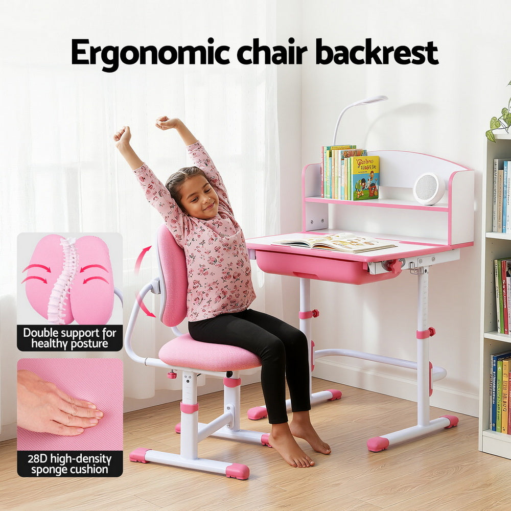 Pink Keezi Kids Study Desk and Chair Set with Adjustable Ergonomic Table and LED Lamp