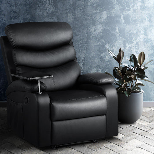 Smart Recliner Chair | Artiss Leather Recliner with 360° Tray Table (Black)