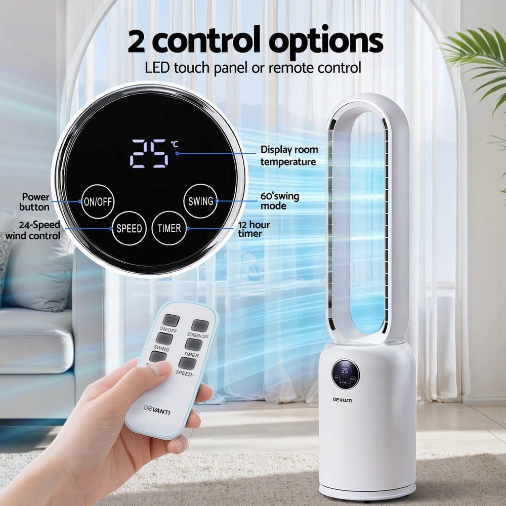 Smart Bladeless Tower Fan Air Purifier | Devanti (88cm)