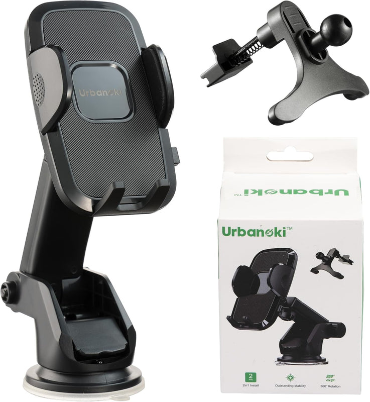 Smart 4-in-1 Car Phone Holder | Urbanoki Dashboard, Windshield & Vent Mount (Black)