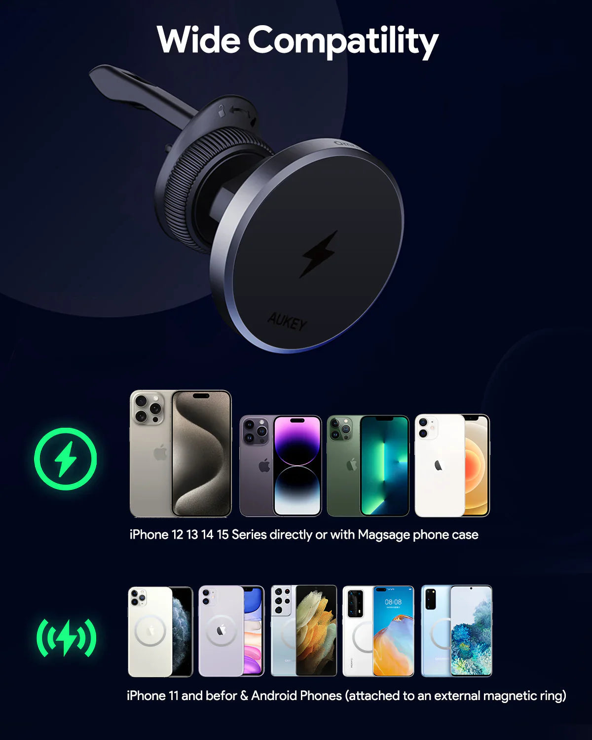 Smart MagLink Magnetic Car Charger Mount | Aukey Fast Wireless Charging Dash Holder (HD-MC13)